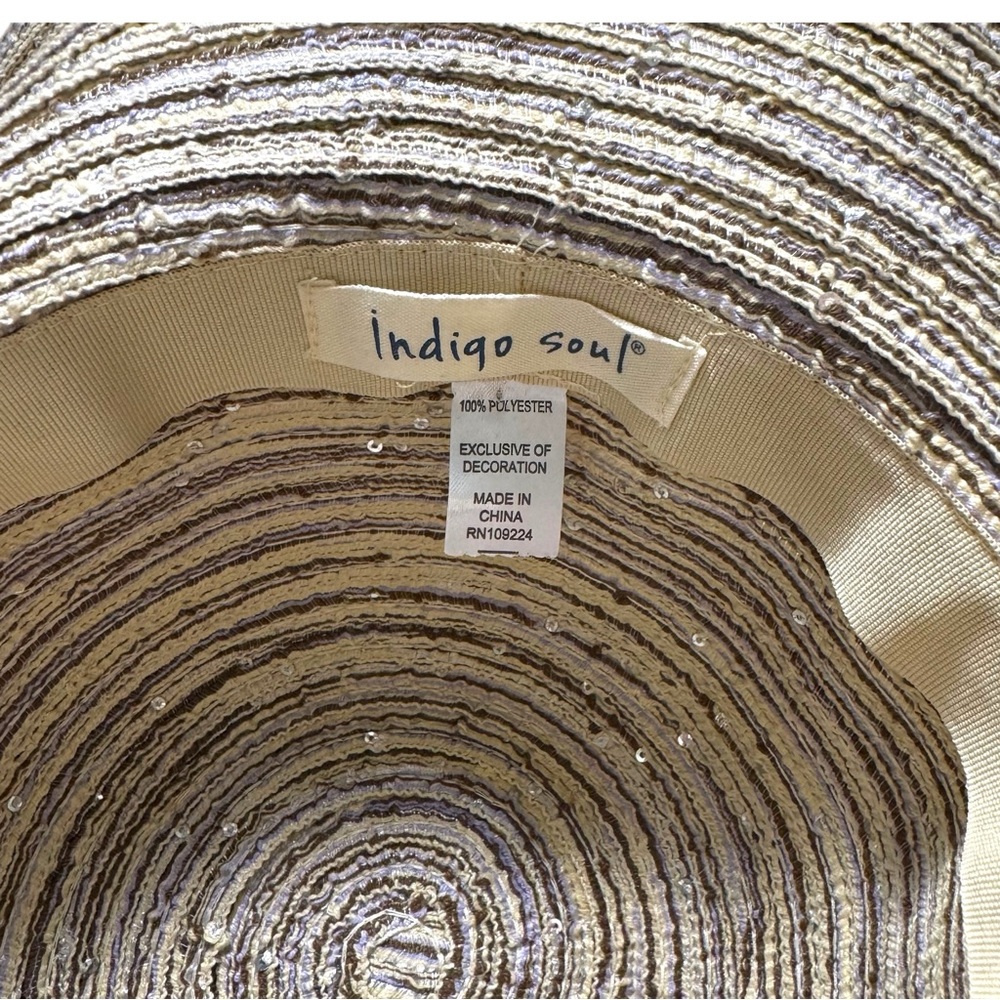 Indigo Soul Tan Metallic Silver Sequin Wide Brim Floppy Straw Sun Summer Hat - Picture 3 of 8